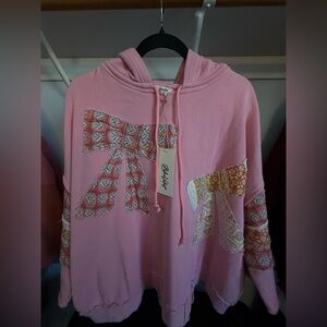 Blue Velvet Patchwork Bows Pink Pullover Hoodie Sweatshirt Medium